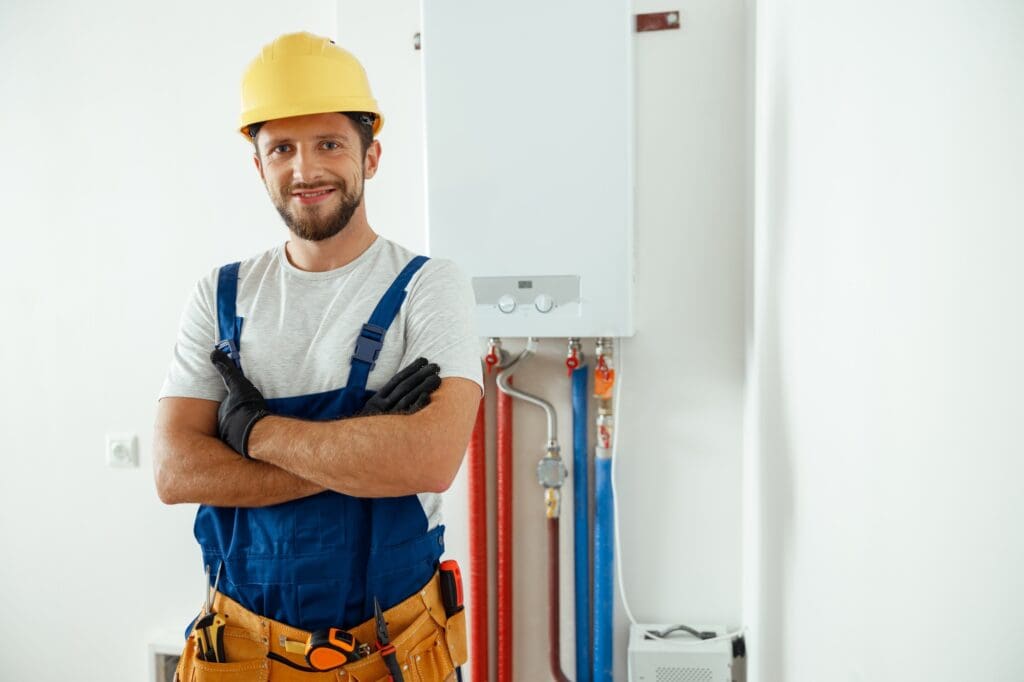 Smiling technician servicing the house heating system looking at camera while standing with arms